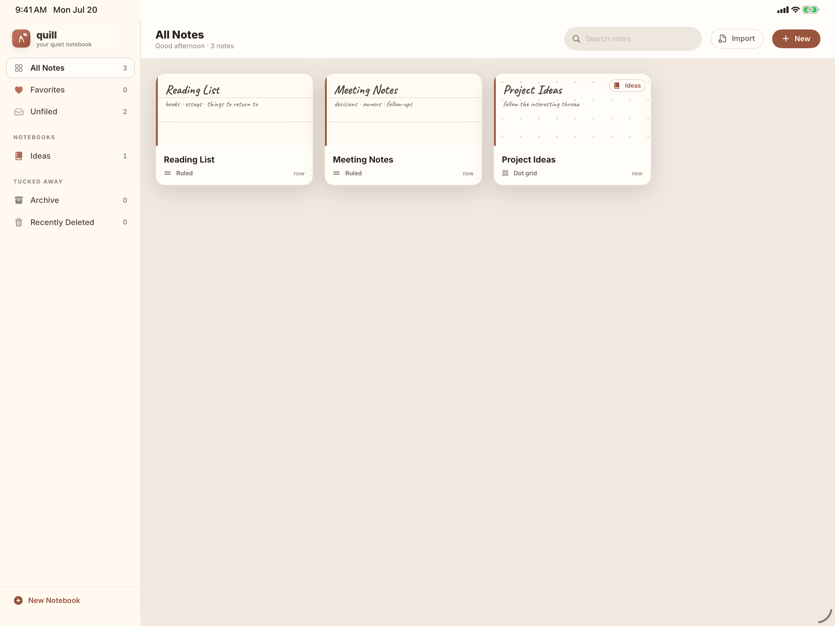 Quill notes library with notebooks, tags, and note previews