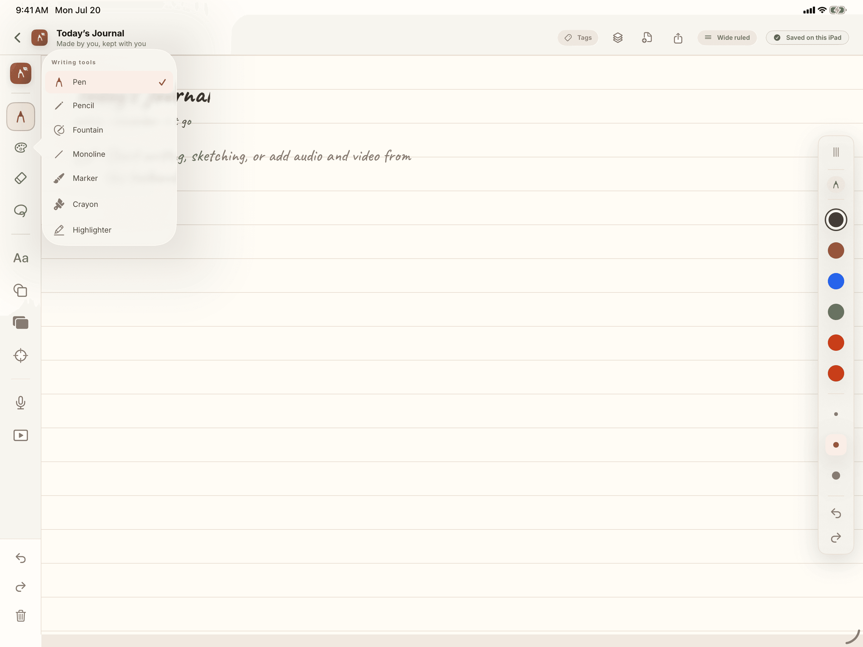 Quill writing tools with ink options and color picker