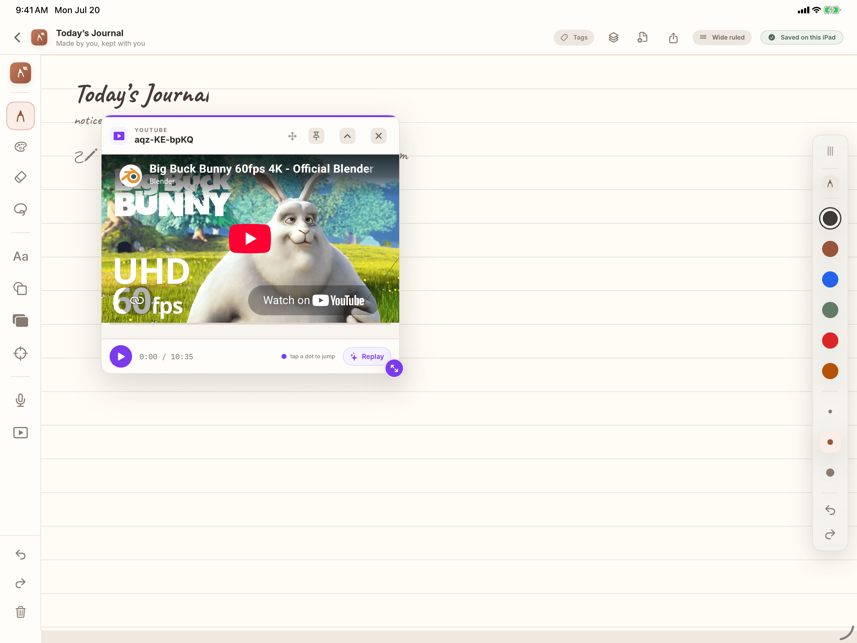 Quill note canvas with a pinned video player and linked handwriting