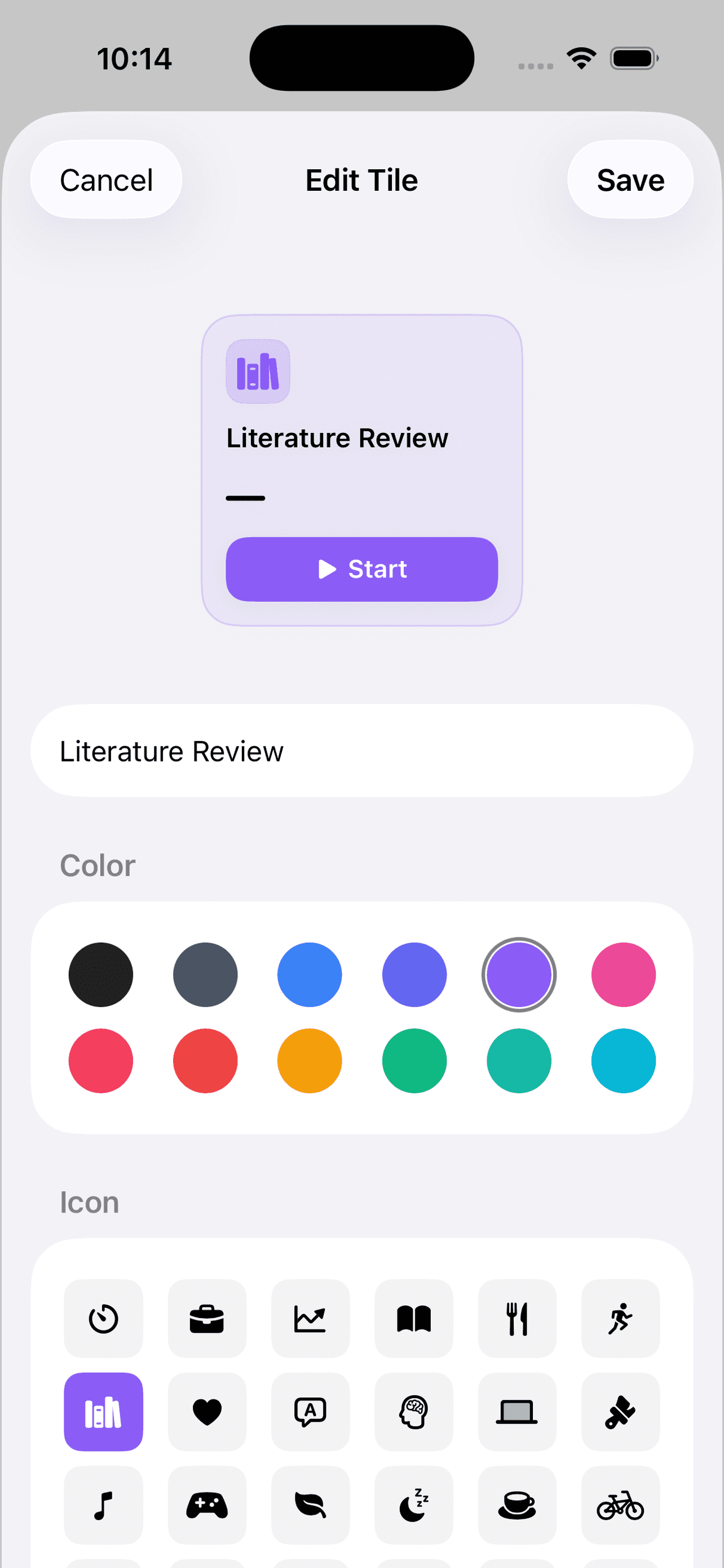 TimeTiles edit-tile screen with color and icon pickers